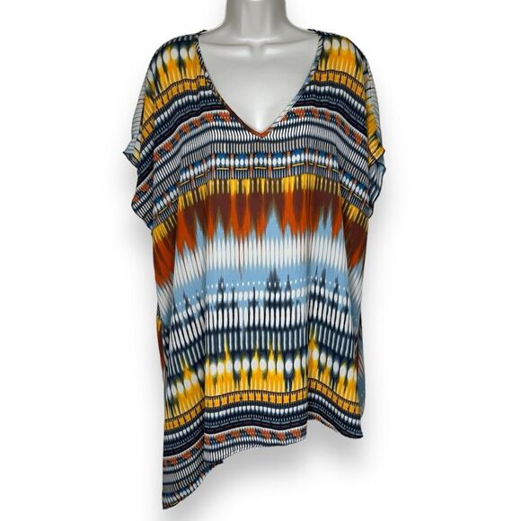 Cato Geometric Print Asymmetrical Hem Flowy V Neck Tunic Boho Top Women 26/28 W - Picture 1 of 14